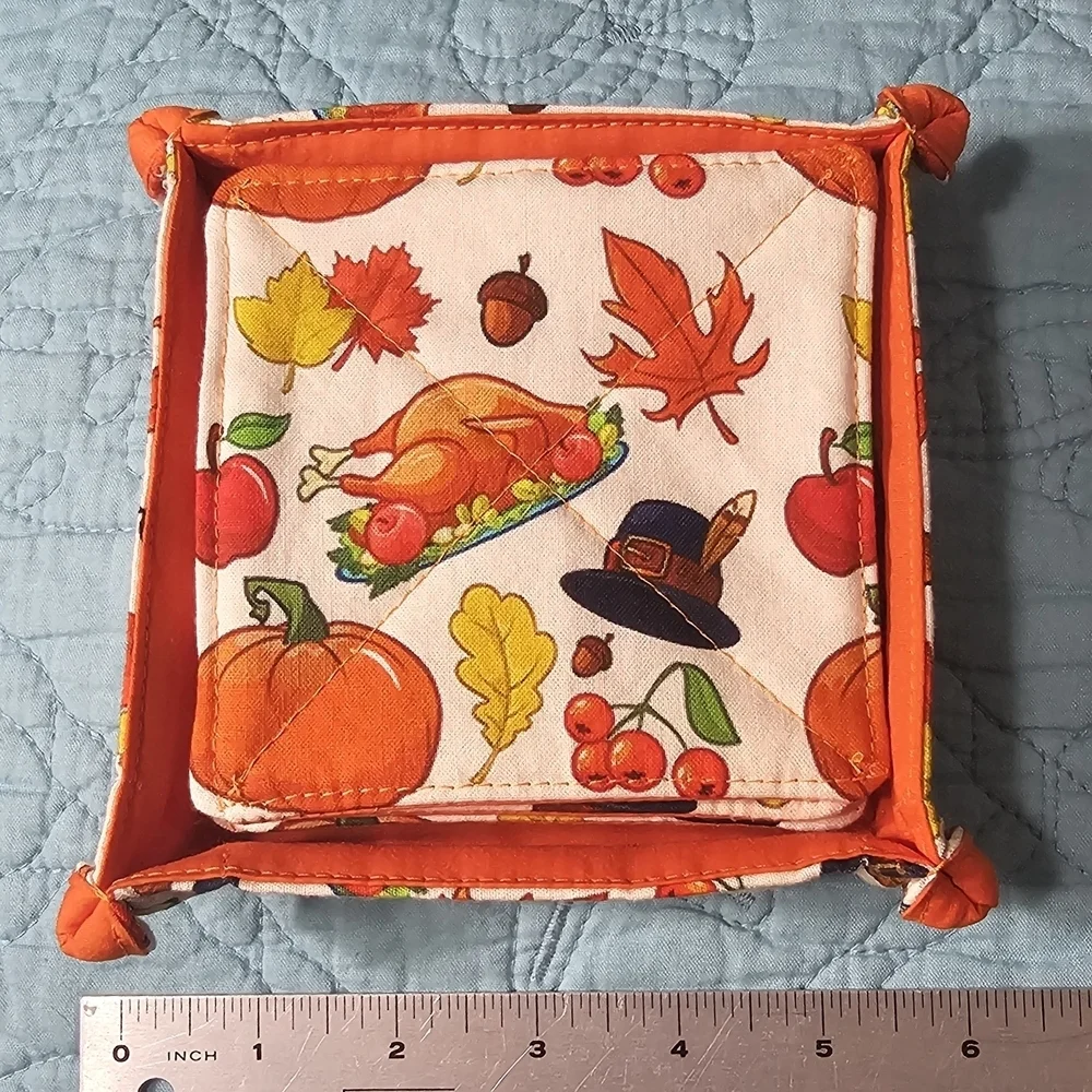 Handmade Fall Thanksgiving Harvest Print Cotton Reversible Set Of 6 Coasters